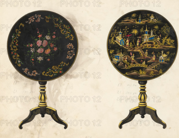 Two table designs, drawing, album page, Two designs for tables with folding tops decorated with floral and Chinese motifs. The reverse side of the page is numbered: 45, the opposite page with information about the depicted furniture (missing here) is numbered: 45 bis. Part of an album with 80 pages of drawings and a print of veneered and lacquered furniture, as well as seating., Paris (possibly), c. 1825 - c. 1839, draftsman (artist), paint (coating), materials by function, paper, ink, watercolor (paint), pencil, pen, brush, pen in grey with brush in colours, numbers written in pencil, height 240 mm, width 310 mm, Asiatic races and peoples (with NAME), table (wood and other phytogenic material), Two ornate round tabletops on stands sit side by side against a light, slightly stained background. The left tabletop has a dark surface decorated with a central cluster of painted flowers in soft pinks, whites, and greens, surrounded by delicate scrolling floral motifs in gold and muted peach ...