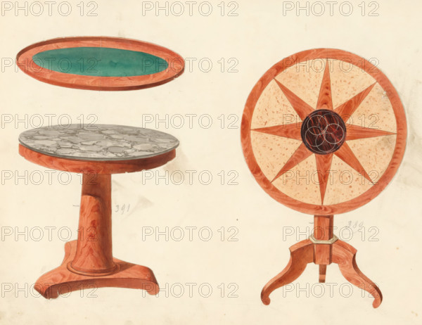 Design for a gueridon and a table, drawing, album page, Two designs, one for a gueridon with a folding top and star motif, the other for a table with a marble top or mahogany with felt. The marble from St. Anna in Belgium. The page on the reverse is numbered: 47, the opposite page with information about the depicted furniture is numbered: 47 bis. Part of an album with 80 pages of drawings and a print of veneered and lacquered furniture, as well as seating., inscription: '389 Gueridon à etoile 24 27 30 p*, 391 Table à Trompe en acajou 24 27 30 33 36 p*, Marbre minces st. anne belg', Paris (possibly), c. 1825 - c. 1839, draftsman (artist), paint (coating), materials by function, paper, ink, watercolor (paint), pencil, pen, brush, pen in gray with brush in colors, numbers written in pencil, partly cut out and pasted onto the album page, height 240 mm, width 310 mm, table (wood and other phytogenic material), A cream-colored page shows watercolor illustrations of two wooden pedestal tables...