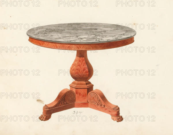 Design for a table, drawing, album page, Design for a table with a carved mahogany base and a round marble top. The reverse side of the page is numbered: 51, the opposite page with information about the depicted furniture is numbered: 51 bis. Part of an album with 80 pages of drawings and a print of veneered and lacquered furniture, as well as seating., inscription: '394 Table à Modillon en acajou 30 33 36*', Paris (possibly), c. 1825 - c. 1839, draftsman (artist), paint (coating), materials by function, paper, ink, watercolor (paint), pencil, pen, brush, gray pen with colored brush, numbers written in pencil, partially cut out and pasted onto the album page, height 240 mm, width 310 mm, table (wood and other phytogenic material), furniture to put things on (stone), A painted image of a round table with a gray marble top showing darker veining, a narrow wooden apron in warm reddish tones beneath the top, a turned central pedestal with a bulbous form featuring wood grain patterns, and a...