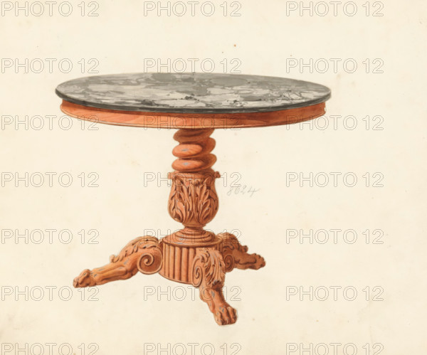 Design for a table, drawing, album page, Design for a table with a sculpted mahogany base and a round marble top. The reverse side of the page is numbered: 53, the opposite page with information about the depicted furniture is numbered: 53 bis. Part of an album with 80 pages of drawings and a print of veneered and lacquered furniture, as well as seating., inscription: '8624 Table à jarets colonne torse balustres e sculptés 30 33 36*', Paris (possibly), c. 1825 - c. 1839, draftsman (artist), paint (coating), materials by function, paper, ink, watercolor (paint), pencil, pen, brush, gray pen with colored brush, numbers written in pencil, cut out and pasted onto the album page, height 240 mm, width 310 mm, table (wood and other phytogenic material), furniture to put things on (stone), A partial view of a round table with a mottled gray stone top and a wooden rim, a turned wooden central column with bulbous rings, ornate carved leaf and scroll detailing on the column base, and three carved...