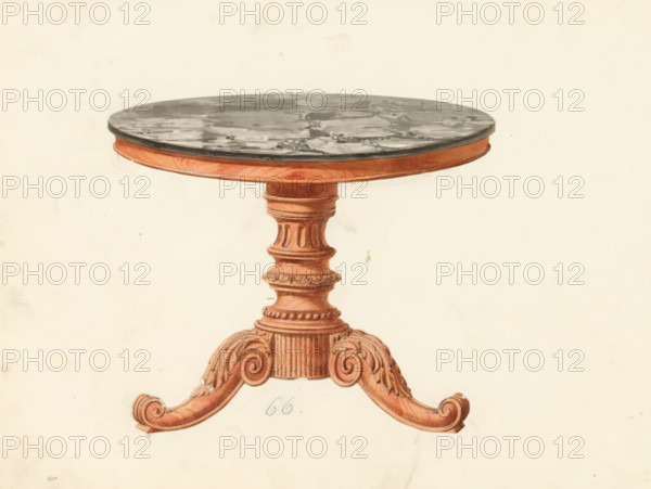 Design for a coffee table, drawing, album page, Design for a coffee table with a carved mahogany base and a round marble top. The reverse side of the page is numbered: 55, the opposite page with information about the depicted furniture is numbered: 55 bis. Part of an album with 80 pages of drawings and a print of veneered and lacquered furniture, as well as seating., inscription: '66 Table de salon 30 33 36*', Paris (possibly), c. 1825 - c. 1839, draftsman (artist), paint (coating), materials by function, paper, ink, watercolor (paint), pencil, pen, brush, gray pen with colored brush, numbers written in pencil, cut out and pasted onto the album page, height 240 mm, width 310 mm, table (wood and other phytogenic material), furniture to put things on (stone), A round table top with a mottled dark gray surface sits above a wooden rim and carved central column in warm brown tones, the column featuring fluted and beaded details and decorative carved bands, and curving carved legs with scrol...