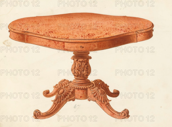 Design for a family table, drawing, album page, Design for an oval family table made entirely of wood. The reverse side of the page is numbered: 58, the opposite page with information about the depicted furniture is numbered: 58 bis. Part of an album with 80 pages of drawings and a print of veneered and lacquered furniture, as well as seating., inscription: '67 Table de famille ovale 3½ 4 pies', Paris (possibly), c. 1825 - c. 1839, draftsman (artist), paint (coating), materials by function, paper, ink, watercolor (paint), pencil, pen, brush, pen in grey with brush in colours, numbers written in pencil, height 240 mm, width 310 mm, table (wood and other phytogenic material), A painted depiction of the top portion and ornate central column of a wooden table, showing a rounded top with a mottled reddish-brown surface and a slender rim, a carved cylindrical support with leafy and floral motifs, and four curved legs with scroll ends and decorative acanthus-like carvings, all rendered in war...