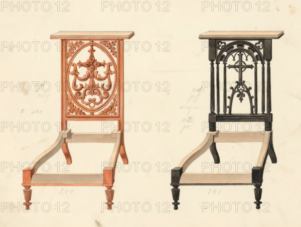 Two designs for prie-dieus, drawing, album page, Two designs for prie-dieus (prayer chairs) in two different types of wood. Both richly decorated with wood carving. The page on the reverse is numbered: 59, the opposite page with information (missing here) about the depicted furniture is numbered: 59 bis. Part of an album with 80 pages of drawings and a print of veneered and lacquered furniture, as well as seating., Paris (possibly), c. 1825 - c. 1839, draftsman (artist), paint (coating), materials by function, paper, ink, watercolor (paint), pencil, pen, brush, pen in gray with brush in colors, numbers written in pencil, height 240 mm, width 310 mm, kneeling-chair, furniture for special use (wood and other phytogenic material), Two wooden chair backs and partial frames are depicted side by side on a pale background; the left chair back is rendered in warm reddish tones with an oval central panel featuring elaborate carved scrollwork and floral motifs, a rectangular top rail, and curved...