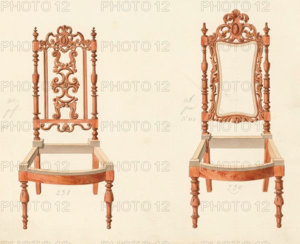 Two designs for chairs, drawing, album page, Two designs for chairs without (seat) upholstery, one with richly decorated woodcarving in the back frame and the other without upholstery yet (in the back frame). The page on the reverse is numbered: 61, the opposite page with information (missing here) about the depicted furniture is numbered: 61 bis. Part of an album with 80 pages of drawings and a print of veneered and lacquered furniture, as well as seating furniture., Paris (possibly), c. 1825 - c. 1839, draftsman (artist), paint (coating), materials by function, paper, ink, watercolor (paint), pencil, pen, brush, pen in grey with brush in colours, numbers written in pencil, height 240 mm, width 310 mm, chair (wood and other phytogenic material), Two wooden chair frames with ornate carved backs are shown on a light background, each rendered in warm reddish-brown tones with turned legs and decorative finials; the left chair back features an intricate scrollwork panel with symmetrical cu...