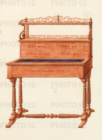 Design for a ladies' desk, drawing, album page, Design for a ladies' desk in mahogany with a drawer in the top, four drawers in the upper section and above that two shelves with decorated woodcarving in the upper section on turned legs. The back of the page numbered: 63, the opposite page with information about the depicted furniture numbered: 63 bis. Part of an album with 80 pages of drawings and a print of veneered and lacquered furniture, as well as seating., inscription: '70 Bureau de Dames en acajou à etagères 30, ''…'' aux guillochure 30 p.', Paris (possibly), c. 1825 - c. 1839, draftsman (artist), paint (coating), materials by function, paper, ink, watercolor (paint), pencil, pen, brush, pen in gray with brush in colors, written numbers in pencil, height 240 mm, width 310 mm, writing-table, writing-desk, A tall wooden piece of furniture with a reddish finish standing on twisted carved legs connected by a twisted stretcher, featuring a rectangular top section with an open shelf f...