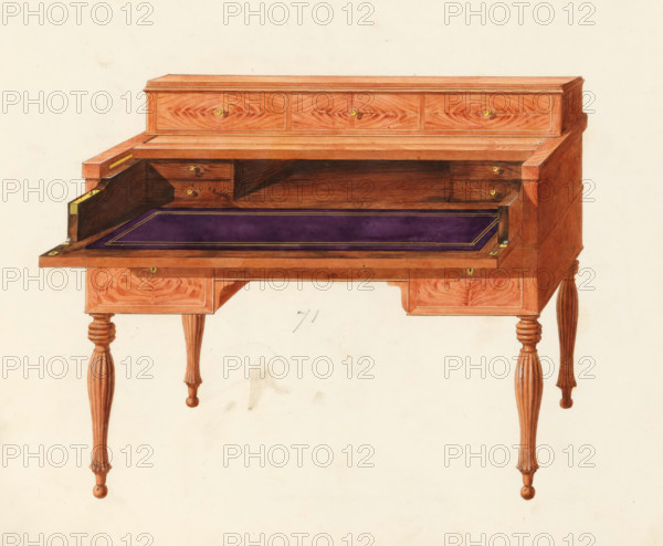 Design for a 'piano desk', drawing, album page, Design for a so-called 'piano desk' with a flap and three drawers in the arrangement. The page on the back is numbered: 65, the opposite page with information about the depicted furniture is numbered: 65 bis. Part of an album with 80 pages of drawings and a print of veneered and lacquered furniture, as well as seating., inscription: '71 Bureau piano 3½ 4 4½, Bureau à cylendre 4 4½ 5', Paris (possibly), c. 1825 - c. 1839, draftsman (artist), paint (coating), materials by function, paper, ink, watercolor (paint), pencil, pen, brush, pen in gray with brush in colors, written numbers in pencil, height 240 mm, width 310 mm, writing-table, writing-desk, A wooden writing desk with a raised back section and carved turned legs is shown from the front, the wood rendered in warm reddish-brown tones with visible grain patterns and small round brass knobs on drawer faces, a central pull-out writing surface covered in deep purple material with a narrow...