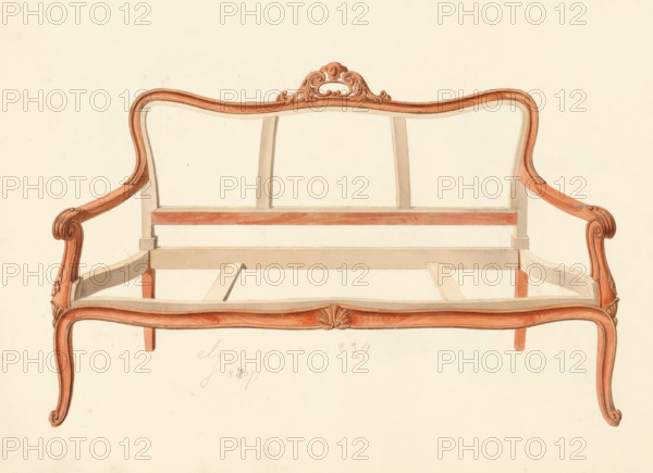 Design for a Louis XV-style sofa, drawing, album page, Design for a sofa decorated with wood carving, without seat and back upholstery. Louis XV style. The reverse page numbered: 70, the opposite page with information (missing here) about the depicted furniture numbered: 70 bis. Part of an album with 80 pages of drawings and a print of veneered and lacquered furniture, as well as seating., Paris (possibly), c. 1825 - c. 1839, draftsman (artist), paint (coating), materials by function, paper, ink, watercolor (paint), pencil, pen, brush, pen in gray with brush in colors, numbers written in pencil, height 240 mm, width 310 mm, couch, sofa, settee (wood and other phytogenic material), A partial drawing of a wooden sofa frame shown from the front with a curved top rail and carved crest in the center, three vertical back supports, scrolled armrests with carved detailing, a molded front apron with a central shell motif, cabriole legs with scroll feet, visible internal stretcher rails and seat...