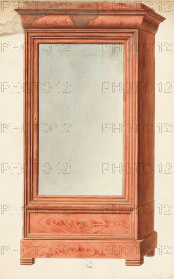Design for a cabinet, drawing, album page, Design of a cabinet with a mirror and a drawer at the bottom. The page on the back numbered: 73, the opposite page with information about the depicted furniture numbered: 73 bis. Part of an album with 80 pages of drawings and a print of veneered and lacquered furniture, as well as seating., inscription: '73 Armoire à glace à grand cadre parquet vernis glace 45 = 25', Paris (possibly), c. 1825 - c. 1839, draftsman (artist), paint (coating), materials by function, paper, ink, watercolor (paint), pencil, pen, brush, gray pen with colored brush, numbers written in pencil, cut out and pasted onto the album page, height 240 mm, width 310 mm, table (wood and other phytogenic material), A tall wooden cabinet with a rectangular mirrored door framed by layered molding sits against a pale wall, the wood showing reddish tones and visible grain patterns; a decorative cornice tops the cabinet with darker streaks and rounded molding, and a narrow vertical pa...