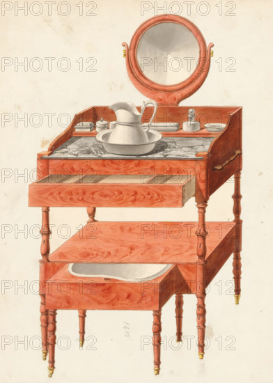 Design for a dressing table with built-in bidet, drawing, album page, Dressing table with marble top and mirror and built-in bidet on rollers. The reverse side is numbered: 8, the opposite page with information about the depicted furniture is numbered: 8 bis. Part of an album with 80 pages of drawings and a print of veneered and lacquered furniture, as well as seating., inscription: '1215 Toilette Anglaise à bidet 4 pies tournée 28po gre (gu?) porcelaine & cristeaux, la même en noyer', Paris (possibly), c. 1825 - c. 1839, draftsman (artist), paint (coating), materials by function, paper, ink, watercolor (paint), pencil, pen, brush, gray pen with colored brush, numbers written in pencil, cut out and pasted onto the album page, height 240 mm, width 310 mm, table, mirror, jug and basin, washbasin, bidet, furniture for special use (wood and other phytogenic material), A painted wooden washstand in a reddish finish with turned legs and small brass caps on the feet is shown from a three-quar...