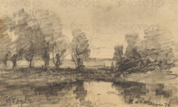 Trees along a waterfront at Hooge Zwaluwe, drawing, date and inscription: 'H Zwaluwe 70', draftsman (artist): Johannes Gijsbert Vogel (signed by artist), 1870, draftsman (artist), paper, pencil, height 84 mm x width 137 mm, trees, landscapes with waters, waterscapes, seascapes (in the temperate zone), Hooge Zwaluwe, A horizontal sketch in muted sepia tones showing a landscape with a line of trees and foliage along a distant bank, darker charcoal strokes indicating clustered tree canopies and trunks, and a lighter expanse above suggesting sky; a reflective water surface runs near the bottom with smudged, horizontal shading and indistinct reflections of the trees, while the foreground contains dense, textured marks and scribbled shading.
