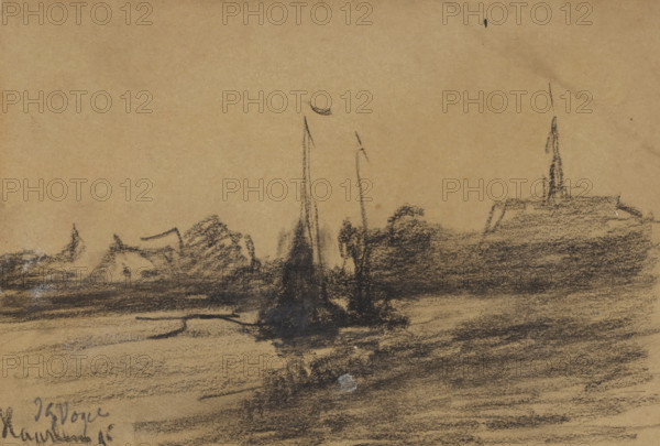 Boats on the water near Haarlem, drawing, date and inscription: 'Haarlem 95', draftsman (artist): Johannes Gijsbert Vogel (signed by artist), 1895, draftsman (artist), inorganic material, paper, chalk, pencil, black chalk with pencil on brown paper, height 110 mm x width 158 mm, sailing-ship, sailing-boat, landscapes with waters, waterscapes, seascapes (in the temperate zone), Haarlem, A sepia-toned paper with dark charcoal or graphite sketching showing a low horizontal landscape with rough textured shading across the lower half and faint smudges above, several vertical and triangular dark marks suggesting tall slender shapes rising from the midline, irregular mound-like forms and clustered darker areas along the horizon, a larger angular dark form with a pointed top toward the right horizon, scattered short strokes and smudged patches throughout, and a small darker blemish near the top edge.