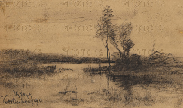 Landscape with water at Kortenhoef, drawing, date and inscription: 'Kortenhoef 90', draftsman (artist): Johannes Gijsbert Vogel (signed by artist), 1890, draftsman (artist), inorganic material, paper, chalk, black chalk, height 107 mm x width 179 mm, landscapes with waters, waterscapes, seascapes (in the temperate zone), Kortenhoef, A sepia-toned sketch of a waterside scene showing a calm body of water in the foreground with dark, smudged reflections and small horizontal marks on the water surface. Along the right shore is a cluster of tall, slender trees with textured, leafy canopies rendered in charcoal strokes, and dense shrubbery at their bases. A distant dark shoreline runs across the middle of the composition, separating the water from a light, softly shaded sky above. The surface of the paper shows grain and smudging with uneven charcoal shading and erased marks throughout.