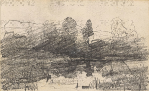 Landscape at Kortenhoef, drawing, date and inscription: 'Kortenhoef 91', draftsman (artist): Johannes Gijsbert Vogel (signed by artist), 1891, draftsman (artist), paper, pencil, height 91 mm x width 147 mm, landscapes, Kortenhoef, A horizontal charcoal sketch on lightly textured paper showing a dark, dense foreground of crosshatched shading that suggests vegetation and a reflective water surface, with taller, vertical strokes indicating reeds along the bottom edge. Above the foreground a lighter midground contains loosely drawn, rounded tree shapes and clustered foliage rendered with varied pressure, and a single taller, more defined tree near the center-right. The upper portion of the image is mostly pale paper with faint horizontal lines and soft smudging, and the overall composition uses broad, gestural marks and scribbled outlines to depict a natural, landscape-like scene.