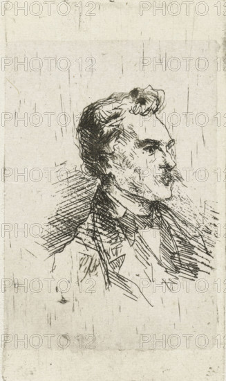 Portrait of artist Frederik Hendrik Weissenbruch, print, printmaker: Bernardus Johannes Blommers, Netherlands, 1855 - 1914, paper, chine collé, etching, drypoint, etching and drypoint on chine collé, height 69 mm x width 39 mm, Person, Frederik Hendrik Weissenbruch, portrait, self-portrait of painter, A monochrome sketch of a man's head and shoulders in profile on textured paper, showing wavy hair swept back, a defined brow, prominent nose, and a mustache, with crosshatched lines indicating shading around the cheek, neck, and clothing, and vertical and scattered short strokes across the background and paper surface.