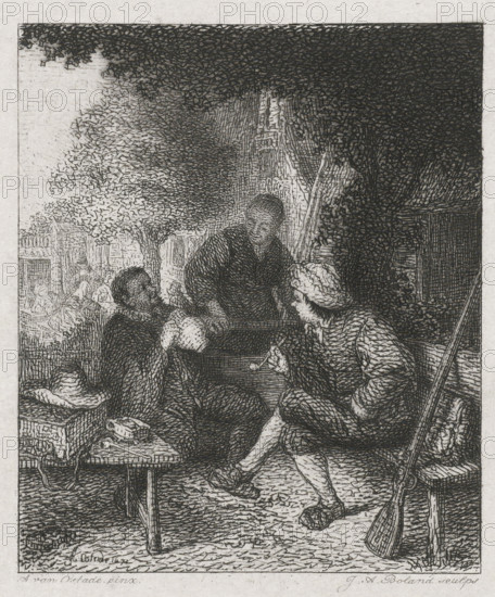 Resting travelers, print, printmaker: Johannes Arnoldus Boland, Amsterdam, after painting by Adriaen van Ostade, 1875 - 1876, paper, chine collé, etching, etching on chine collé, height 171 mm x width 144 mm, A detailed monochrome etching shows a group of seated figures under a large tree with dense foliage, one central standing figure leaning slightly forward toward the others, a seated man on the right wearing a broad-brimmed hat and a cloak holding a pipe, a small wooden table in the foreground with a hat and other small objects on it, a long musket propped against the right side near a simple stool, textured ground beneath their feet, background architectural elements suggesting buildings, and intricate crosshatching and stippling throughout the scene.