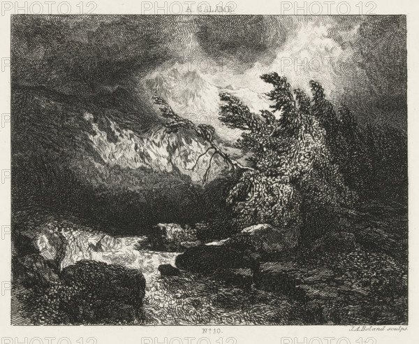 Landscape with waterfall, print, Series number, 10, printmaker: Johannes Arnoldus Boland, Amsterdam, after design by Alexandre Calame, c. 1860 - c. 1900, paper, chine collé, etching, etching on chine collé, height 150 mm x width 180 mm, waterfall, A black and white etching showing a turbulent natural scene with swirling skies, windswept trees, rugged rocky terrain, and a rushing stream cutting through the foreground. The sky is densely crosshatched with curved, repetitive lines creating a textured, stormy appearance. Trees on the right appear bent and windblown with dense, dark foliage rendered in short, curved strokes. Jagged rocks and cliffs occupy the middle and foreground with varied line work indicating rough surfaces and shadows. A foamy, flowing body of water winds between the rocks, depicted with lighter, curved hatch marks contrasting with darker shaded areas. Overall the image presents high-contrast ink textures and detailed linework across sky, vegetation, stone, and water.