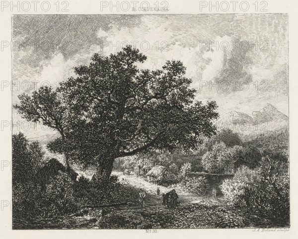 Landscape with a large tree by a brook, print, Series number, 30, printmaker: Johannes Arnoldus Boland, Amsterdam, after design by Barend Cornelis Koekkoek, c. 1860 - c. 1900, paper, chine collé, etching, etching on chine collé, height 145 mm x width 180 mm, dale, valley, A detailed monochrome etching shows a large, leafy tree with a thick trunk dominating the foreground, surrounded by dense foliage and smaller trees; a winding dirt path leads past that tree toward a cluster of rustic thatched structures set among more trees and low hills; figures are visible along the path and near a shallow body of water, with some people appearing to stand or wade and others near a small boat; distant mountains rise on the horizon beneath a sky filled with textured clouds and linear shading.
