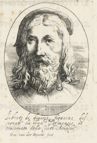 Portrait of Parmigianino, Libreto di diversi figurine dissignato da Fran. parmensis et conservata nella Collezione Arondelyna, 1638, print, title page, Portrait in an oval frame of the sixteenth-century Italian artist Francesco Parmigianino. Bust facing left. The print has an Italian caption. Print from a series after various drawings by Parmigianino from the Arundel collection, printmaker: Hendrik van der Borcht (II), paper, etching, width 74 mm x height 111 mm, Person, Parmigianino, A detailed black ink portrait of a bearded person is shown within an oval frame on aged paper. The face has long wavy hair and a full curly beard rendered with fine crosshatching and flowing lines. The eyes are shaded and gazing slightly to one side, with pronounced eyebrows and a slender nose. The head is topped with a rounded cap, and the background inside the oval contains horizontal hatch marks. The paper shows small brown age spots and faint creases around the image.