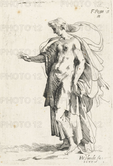 Standing woman, Libreto di diversi figurine dissignato da Fran. parmensis et conservata nella Collezione Arondelyna, 1638, print, A standing, half-naked woman facing left. She extends her right arm. Print from a series after various drawings by Parmigianino from the Arundel collection., printmaker: Hendrik van der Borcht (II), after drawing by Parmigianino, Italy, 1637, paper, etching, width 74 mm x height 112 mm, the (nude) human figure, 'Corpo humano' (Ripa) (adult female (human being)), A standing classical figure rendered in fine black lines on a pale background, shown in three-quarter profile with head turned to the side, hair styled in short waves, and a flowing drapery partially wrapped around the shoulders and body; one arm is extended outward with an open hand while the other rests by the side holding folds of fabric, the torso and limbs are detailed with cross-hatched shading and contour lines, bare feet are visible on a textured ground, and soft stains and light aging marks ...