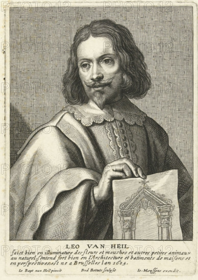 Portrait of Leo van Heil, print, A rectangular portrait of Leo van Heil, a Brussels architect. Bust turned to the left. Leo van Heil holds a drawing or print of a building in his hand. The print has a French caption with the name of the sitter and some background information., printmaker: Frederik Bouttats (I), Antwerp, after painting by Jan Baptist van Heil, Brussels, publisher: Joannes Meyssens, 1615 - 1676, paper, engraving, gravure, height 164 mm x width 114 mm, Person, Leo van Heil, portrait, self-portrait of architect (artist in non-work situation), A monochrome engraved portrait of a man shown from the chest up, turned slightly to his right and gazing outward, with shoulder-length wavy hair, a pointed beard and a curled mustache. He wears a garment with a wide collar edged in lace and a heavy draped cloak with visible folds and fine crosshatch shading. One hand holds the top edge of a drawn architectural sheet depicting an ornate arched structure. The background consists of a de...