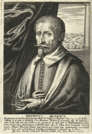 Portrait of Hendrik Hondius, Henricus Hondius, print, A rectangular self-portrait of Hendrik Hondius, a printmaker and printer from The Hague. Bust facing left. In his left hand a compass, a symbol of his interest in geometry. The print has a French caption with the name of the sitter and some background information., printmaker: Frederik Bouttats (I), Antwerp, after design by Hendrick Hondius (I), The Hague, publisher: Joannes Meyssens, 1622 - 1676, paper, engraving, gravure, height 167 mm x width 116 mm, Person, portrait, self-portrait of graphic artist, compasses, A monochrome engraved portrait of a man shown from the chest up, wearing a broad collared garment and a cloak, with a neatly trimmed mustache and pointed beard, short curly hair, and a solemn expression. He holds a pair of thin instruments in his left hand while his right hand rests near his chest. Behind him, a heavy draped curtain fills the left background and an architectural opening with a column reveals a distant land...