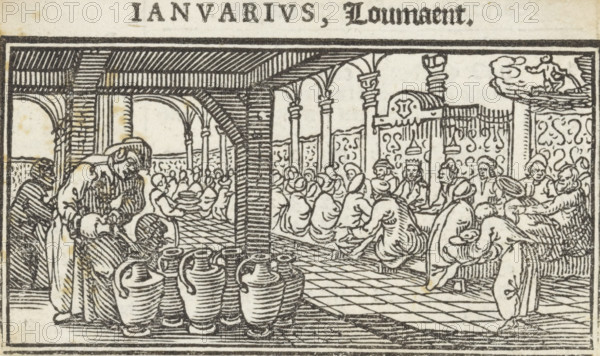 Wedding at Cana, January, Months of the year, print, book illustration, At the wedding at Cana, Christ commands six jars to be filled with water. In the background, the bridal couple is seated at the table., Netherlands, printmaker: Dirck de Bray, 1600 - 1699, paper, woodcut, letterpress printing, woodcut and text in letterpress, height 47 mm x width 79 mm, Christ orders (six) jars to be filled with water, marriage-feast at Cana, other concepts (with Aquarius (January)), A woodcut scene showing an interior with arched columns and a checkered floor, filled with many seated figures wearing flowing robes and head coverings gathered around tables and a dais where a seated figure wears a crown; in the foreground several large handled jars stand grouped together while a cloaked figure pours liquid from a vessel into another container and other attendants move nearby; decorative patterned wall panels and an elevated carved element with a reclining human figure atop it appear toward the back, ...