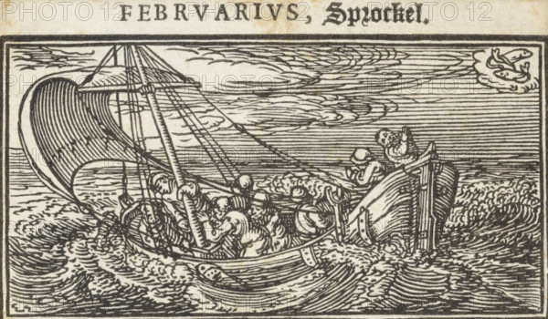February, Storm on the Sea of Galilee, Months of the year, print, book illustration, On the Sea of Galilee, the ship with Christ and his disciples is battered by the storm and the waves., Netherlands, printmaker: Dirck de Bray, 1600 - 1699, paper, woodcut, letterpress printing, woodcut and text in letterpress, height 47 mm x width 80 mm, story of Christ stilling the storm on the Sea of Galilee (Matthew 8:23-27, Mark 4:35-41, Luke 8:22-25), other concepts (with Pisces (February)), A black and white woodcut-style scene of a small sailboat on choppy water with a large billowing sail, a mast with rigging, and several figures aboard; one figure leans near the bow while others huddle amidships, their heads and shoulders visible; waves surround the hull with swirling lines and foam, and the sky is filled with horizontal and curved linework suggesting clouds; a cloud-like formation at the right edge contains two fish-like shapes.