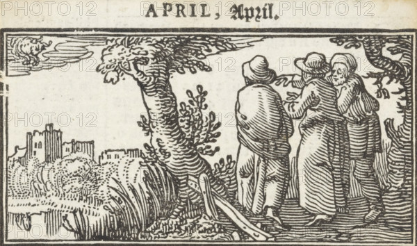 Emmaus Pilgrims, April, Months of the year, print, book illustration, Christ walks with two disciples to the village of Emmaus., Netherlands, printmaker: Dirck de Bray, 1600 - 1699, paper, woodcut, letterpress printing, woodcut and text in letterpress, height 46 mm x width 78 mm, other concepts (with Taurus (April)), Cleopas and Peter meet Christ (sometimes they are dressed as pilgrims), A black and white woodcut scene framed by a rectangular border showing three robed figures standing on the right beside a large, textured tree trunk and facing left toward a distant cluster of buildings; the figures wear brimmed hats and cloaks and have visible line-work indicating folds and contours, with one figure extending an arm; vegetation with tall grasses and bushy foliage occupies the lower left and foreground, and a cloud-like shape appears in the upper left of the sky.