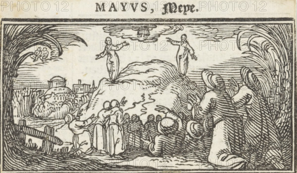May, Ascension of Christ, Months of the year, print, book illustration, Christ ascends to heaven in the presence of his disciples. All look up to the sky where in the clouds the feet and the underside of Christ's robe are still visible., Netherlands, printmaker: Dirck de Bray, 1600 - 1699, Dirck de Bray, printmaker, paper, woodcut, letterpress printing, woodcut and text in letterpress, height 47 mm x width 81 mm, Christ almost vanished: only feet visible, Ascension, other concepts (with Gemini (May)), A woodcut scene framed by a dark border shows a rocky hill at center with two standing figures on its summit, each with outstretched arms. Below the hill a group of people faces the figures, some standing close together and some with distinctive head coverings, while a few appear to gesture or point upward. To the right, tall curved plants or reeds rise beside a seated or kneeling figure wearing layered clothing and a hat. On the left a built structure with rounded roofs sits among bushes...