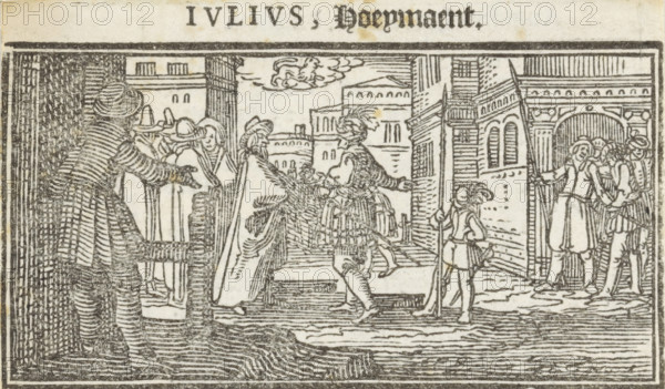 July, Months of the year, print, book illustration, A richly dressed man makes a gesture towards a group of men. Next to him stands a boy with a spear., Netherlands, printmaker: Dirck de Bray, 1600 - 1699, paper, woodcut, letterpress printing, woodcut and text in letterpress, height 47 mm x width 79 mm, other concepts (with Leo (July)), A black and white woodcut scene framed by a rectangular border shows a street or courtyard with buildings in the background and multiple figures in period clothing. On the left a figure seen from behind wears a striped garment and a hat and reaches toward a group of people standing near a doorway. In the center two figures appear to be engaging at the top of a short flight of steps, one wearing a cloak and the other wearing a feathered hat and ornate clothing. A small figure with a staff stands near a building on the right, looking toward the central pair. Farther right three figures stand near an arched entrance, two of them facing outward and one turn...