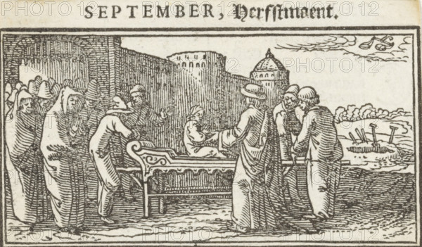 September, The Raising of the Son of the Widow of Nain, Christ Heals a Possessed Boy (former title), Months of the Year, print, book illustration, Netherlands, printmaker: Dirck de Bray, 1600 - 1699, paper, woodcut, letterpress printing, woodcut and text in letterpress, height 47 mm x width 80 mm, Christ touches the bier of the son of the widow of Nain: the young man sits up, other concepts (with Libra (September)), A black and white woodcut scene shows a group of robed figures gathered around an ornate bed with a child seated on it; several adults stand close, some leaning forward and one with hands extended toward the child. On the left a row of figures is positioned under an arched structure, their garments and hoods creating layered vertical lines. In the center background a tall wall rises with textured shading and a domed building appears beyond it. To the right three men stand together near the bed, two with hats and one bent slightly forward, and further right the landscape sho...