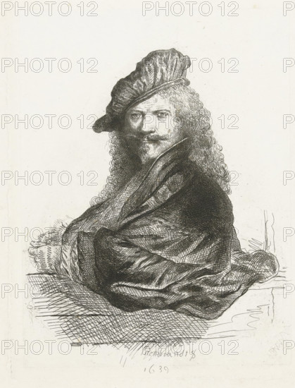 Portrait of Rembrandt Harmensz. van Rijn, print, printmaker: Jan Caramelli, Netherlands, after print by Rembrandt van Rijn, 1830 - 1881, Rembrandt van Rijn, after print by, paper, chine collé, etching, etching on chine collé, height 190 mm x width 145 mm, Person, A monochrome etching of a seated man shown from the waist up facing slightly to the viewer's left, wearing a soft hat tilted to one side and a heavy draped cloak; he has long curly hair, a mustache and small pointed beard, and his expression is neutral with eyes looking toward the viewer; detailed cross-hatching and line work depict the folds of the clothing, texture of the hair, and shadows around the face, while the background remains largely blank.