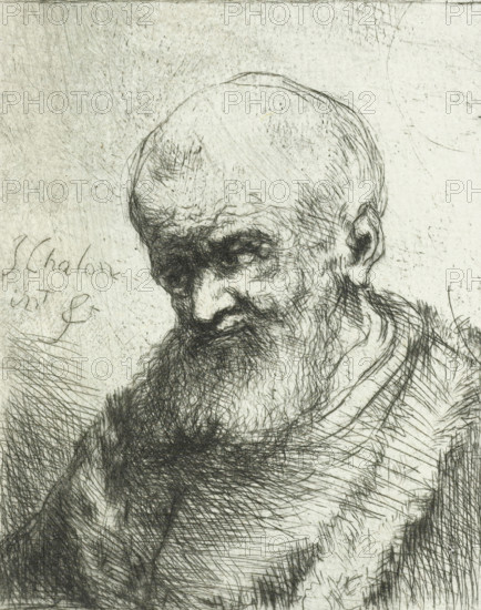 Old man, print, The portrait is of an old man with a beard and a fur coat. Bust facing left., printmaker: Jan Chalon, Northern Netherlands (possibly), 1748 - 1795, paper, etching, drypoint, etching and drypoint, height 110 mm x width 72 mm, morphology of human expression (old male (human being)), A detailed monochrome etching of an elderly bearded man shown from the shoulders up with his head tilted downward and eyes cast toward the lower left. The man has a bald crown with fine etched lines suggesting wrinkles and sparse hair, deep-set shaded eyes, pronounced brow lines, a prominent nose, and a long, textured beard made of dense cross-hatching. The clothing around his shoulders is indicated by layered, directional hatch marks, and the background is filled with light scratched and crossed lines. The overall image is composed of delicate and heavy pen-like strokes creating contrast between the figure and the roughly textured backdrop.