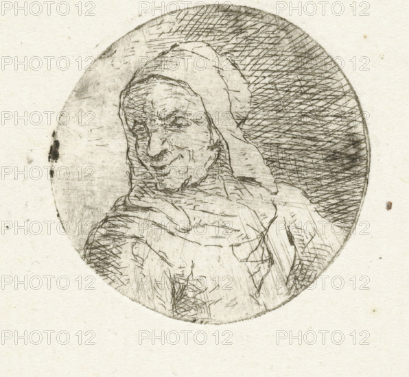 Bust of an unknown woman, print, In a round frame, the bust of an unknown adult woman. Bust facing left., printmaker: Christina Chalon, Leiden, 1758 - 1808, paper, etching, proof, height 31 mm x width 31 mm, historical persons (portraits and scenes from life) (profile portrait), morphology of human expression (adult female (human being)), A circular etching of a hooded figure appears centered on a textured off-white paper background, rendered in fine, dark sketch lines and crosshatching; the figure's face is visible with detailed lines suggesting facial features and a slight smile, framed by a hood that drapes around the head and shoulders, while dense diagonal hatching fills the background behind the figure and lighter, more sporadic marks occupy the left side of the circle.