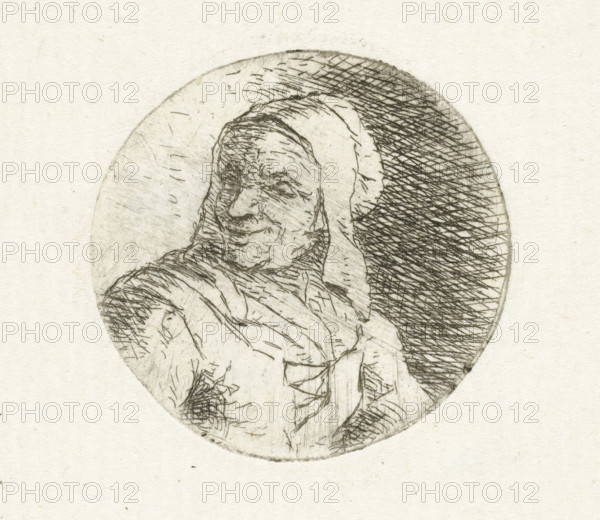 Bust of an unknown woman, print, In a round frame, the bust of an unknown adult woman. Bust facing left., printmaker: Christina Chalon, Leiden, 1758 - 1808, paper, etching, proof, height 31 mm x width 31 mm, historical persons (portraits and scenes from life) (profile portrait), morphology of human expression (adult female (human being)), A circular etching of an older person wearing a hooded garment fills the upper center of the paper, rendered in fine dark lines and crosshatching against a light textured background; the face shows detailed line work indicating a furrowed brow, closed or downward eyes, a prominent nose, and a downturn to the mouth, while the hood frames the head and the garment drapes over the shoulders with visible folds and stitched or laced details, and dense crosshatched shading occupies the right side of the circular field contrasting with lighter, more sparsely scratched areas on the left.