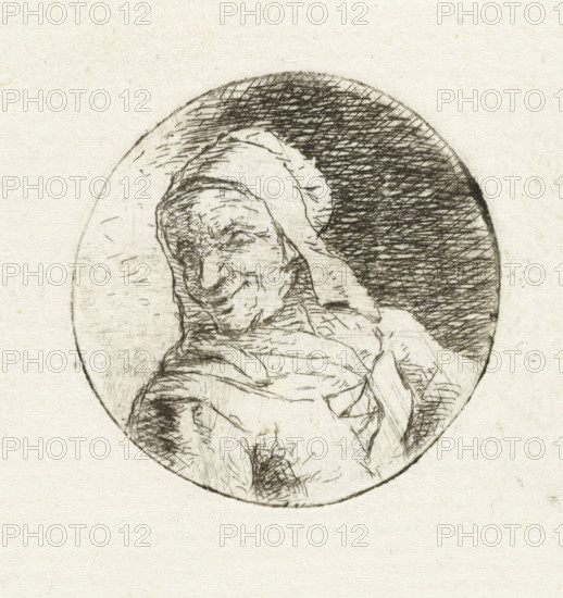 Bust of an unknown woman, print, In a round frame, the bust of an unknown adult woman. Bust facing left., printmaker: Christina Chalon, Leiden, 1758 - 1808, paper, etching, proof, height 31 mm x width 31 mm, historical persons (portraits and scenes from life) (profile portrait), morphology of human expression (adult female (human being)), A circular sketch rendered in fine dark lines on textured off-white paper shows a hooded figure with a detailed, wrinkled face turned slightly, surrounded by crosshatched shading filling the circle's upper background and lighter line work defining folds of cloth and facial features.