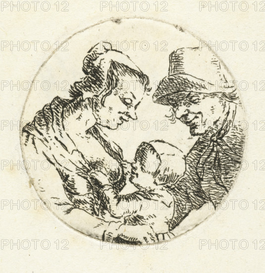 Farmer and farmer's wife with child (version 2), print, Portrait in a round frame of an unknown farming family. A woman is breastfeeding her child while her husband looks on affectionately., printmaker: Christina Chalon, Leiden, after design by Christina Chalon, 1758 - 1808, Christina Chalon, printmaker, after design by, paper, etching, height 35 mm x width 35 mm, farmers, nursing, suckling, family group, especially parents with their child(ren) (with NUMBER of children), A circular ink drawing on aged paper shows two adults and an infant. The adult on the left is a woman with hair pulled back, a rounded forehead, and a slightly bowed head looking toward the baby, with textured lines indicating clothing around her shoulders. The adult on the right wears a brimmed hat and has angular facial features, also leaning toward the infant, with crosshatched shading on the hat and clothing. The infant is nestled between them, facing upward with a rounded head and small facial features. The circu...