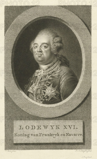 Portrait of Louis XVI, print, printmaker: Lambertus Antonius Claessens, Amsterdam, after painting by Joseph Boze, c. 1792 - c. 1808, paper, etching, engraving, stippelets, stippelets and engraving, proof print, height 233 mm x width 155 mm, Person, Louis XVI (King of France), A monochrome engraved portrait of a man shown from the chest up inside an oval frame, with a patterned rectangular border outside the oval; the man has a full, rounded face, styled hair with curls at the sides, and a composed expression, wearing an ornate military-style coat decorated with embroidered foliage and a large star-shaped medal, and a lace cravat at his neck; the background within the oval is dark and textured while the surrounding border has fine horizontal and vertical lines.