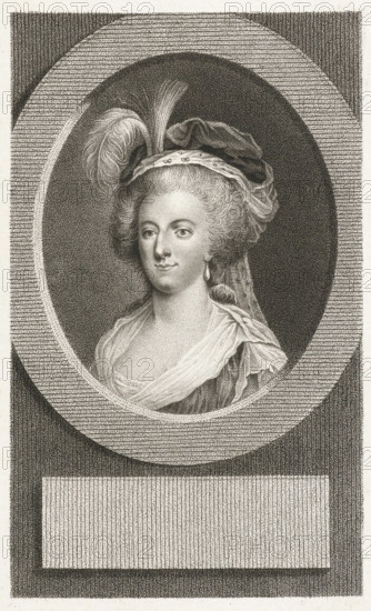 Portrait of Marie Antoinette, Queen of France, print, printmaker: Lambertus Antonius Claessens, Amsterdam, after painting by Bernardino Curti, c. 1792 - c. 1808, paper, etching, engraving, stippelets, stippelets en gravure, height 236 mm x width 158 mm, Person, Marie Antoinette, A detailed monochrome oval portrait of a woman set within a rectangular frame, showing her from the shoulders up. She has an arranged hairstyle with soft curls and wears a headpiece that includes folded fabric and a plume of feathers. Her face is rendered with delicate shading and a calm expression; she wears a single drop earring and a loosely draped garment with visible folds and a translucent scarf over her shoulders. The oval is surrounded by patterned shading and horizontal lines, and below the portrait there is a blank rectangular panel framed by dense vertical and horizontal linework. The entire image is created with fine stippling and hatching textures.