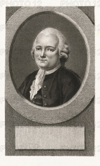 Portrait of Guy-Jean-Baptiste Target, print, printmaker: Lambertus Antonius Claessens, Amsterdam, c. 1792 - c. 1808, paper, etching, engraving, stippelets, stippelets and engraving, height 240 mm x width 160 mm, Person, Guy-Jean-Baptiste Target, An oval-framed engraved portrait of a man shown from the chest up, with powdered hair styled in rolled curls at the sides and a smooth high forehead, wearing a dark coat with visible buttons and a light cravat tied at the throat; the face is rendered with subtle shading showing a calm expression, rounded cheeks, and direct gaze; the oval portrait is set against a textured rectangular background with lined and stippled engraving patterns and a blank rectangular panel beneath the oval.