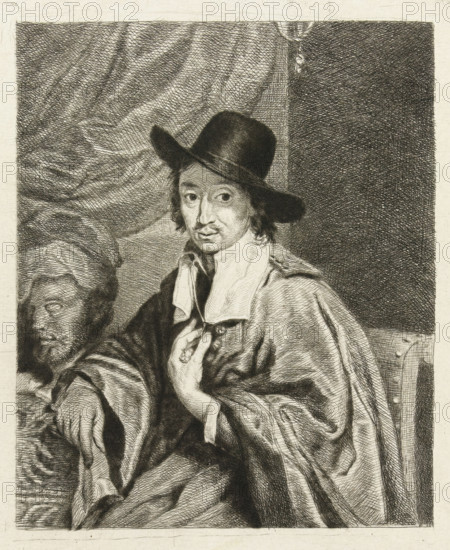 Portrait of the painter Adriaen van Ostade, print, printmaker: Louis Bernard Coclers, unknown, after painting by Adriaen van Ostade, 1756 - 1817, paper, drypoint, height 193 mm x width 172 mm, Person, portrait, self-portrait of artist (artist in non-work situation), A detailed black and white etching shows a seated man wearing a dark broad-brimmed hat and a loose cloak with a wide collar; his face has a thin mustache and expressive eyes and his hand is raised to his chest holding a small object. Drapery fills the background with dense crosshatching on one side and softer folds on the other, and a second partially visible figure with a beard and head covering appears at the left edge. The clothing and folds are rendered with fine lines and shading, and a simple wooden chair back is visible at the right edge.