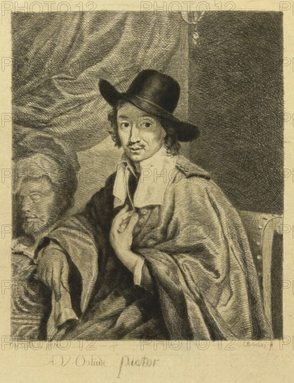 Portrait of the painter Adriaen van Ostade, print, printmaker: Louis Bernard Coclers, unknown, after painting by Adriaen van Ostade, 1756 - 1817, paper, prepared paper, drypoint, drypoint on yellow prepared paper, height 193 mm x width 172 mm, Person, portrait, self-portrait of artist (artist in non-work situation), A sepia-toned engraving shows a seated man wearing a wide-brimmed hat and a loose cloak, his face turned toward the viewer with a faint mustache and hair curling at the sides; one hand rests near his chest holding a fold of fabric while the other arm drapes over an armrest, and detailed crosshatching renders deep folds in the cloak and a textured background with draped cloth and a darker shaded panel to one side.