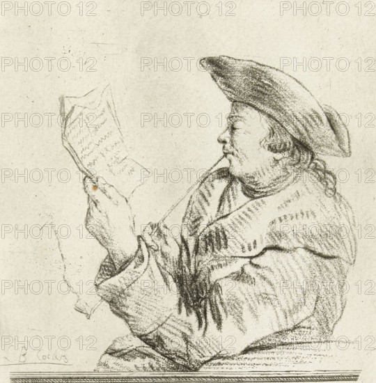 Portrait of the artist Johannes Janson, print, Johannes Janson, with hat and long-stemmed pipe, reading a letter., printmaker: Louis Bernard Coclers, Leiden, c. 1769 - c. 1787, paper, etching, crayon manner, print drawing, etching in crayon manner, height 160 mm x width 128 mm, Person, portrait, self-portrait of artist (artist in non-work situation), A charcoal or pencil sketch of a seated figure in profile facing left, wearing a large soft hat and loose draped clothing with visible folds and shading; the figure holds an open sheet of paper in one hand and appears to have a contemplative expression, with detailed facial features and textured hair, while the background is plain with light smudges and the lower edge shows a simple horizontal base or ledge.