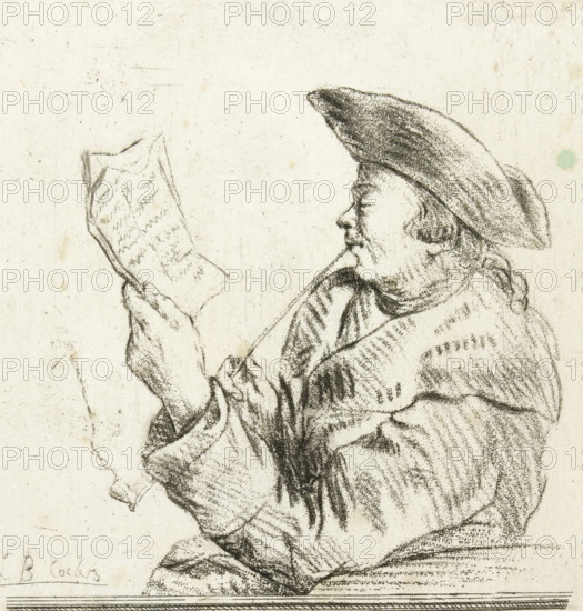 Portrait of the artist Johannes Janson, print, Johannes Janson, with hat and long-stemmed pipe, reading a letter., printmaker: Louis Bernard Coclers, Leiden, c. 1769 - c. 1787, paper, etching, crayon manner, print drawing, etching in crayon manner, height 160 mm x width 128 mm, Person, portrait, self-portrait of artist (artist in non-work situation), A detailed pen-and-ink drawing of a seated figure shown in profile facing left, wearing a large brimmed hat and loose draped clothing, with one hand holding a folded sheet and the other hand touching the chin; the figure's facial features and curly hair are rendered with stippled and hatched marks, and the background is a textured light surface with small scattered spots and faint scratches.