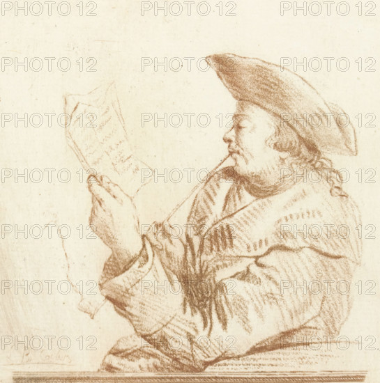 Portrait of the artist Johannes Janson, print, Johannes Janson, with hat and long-stemmed pipe, reading a letter., printmaker: Louis Bernard Coclers, Leiden, c. 1769 - c. 1787, paper, etching, crayon manner, print drawing, etching in crayon manner in reddish-brown, height 160 mm x width 128 mm, Person, portrait, self-portrait of artist (artist in non-work situation), A sepia sketch of a person shown in profile facing left, wearing a large soft hat and loose draped clothing, holding a folded sheet in their hands; the figure has visible facial features, curly hair at the nape, and a beard, and the drawing shows textured shading and sketch lines on an aged lightly speckled background.