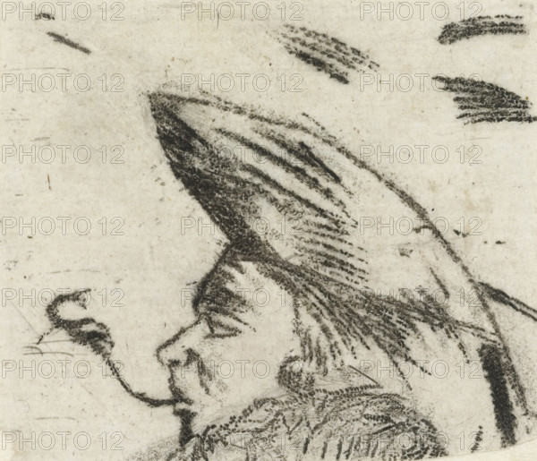 Portrait of the artist Johannes Janson, print, Fragment of a portrait of the artist Johannes Janson, with hat and pipe., printmaker: Louis Bernard Coclers, Leiden, c. 1769 - c. 1787, paper, etching, crayon manner, print drawing, etching in crayon manner, height 50 mm x width 57 mm, Person, Johannes Janson, portrait, self-portrait of artist (artist in non-work situation), A close-up of a textured pale surface with dark charcoal-like strokes forming curved, tapering shapes that suggest fur or feather patterns, including a prominent dense dark triangular mark with parallel striations and several smaller textured smudges scattered above and to the side, all on a mottled off-white background with faint scratches and tiny specks.
