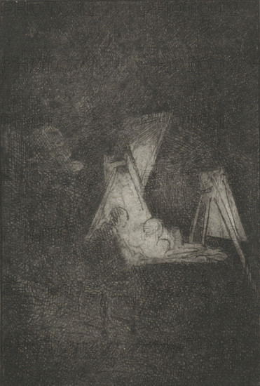 Artist in his studio, print, printmaker: Jacobus Ludovicus Cornet, Leiden, 1825 - 1882, paper, etching, proof print, width 69 mm x height 95 mm, artist at work, in his workshop, A dark, heavily textured image showing a faintly illuminated scene in the lower half where three tent-like triangular shapes stand, one brighter and central, another to the right with a supporting frame, and a third behind; soft, rounded, lighter forms lie at the base of the central triangle, and the surrounding area is filled with dense, cross-hatched shading creating a grainy, nightlike atmosphere.