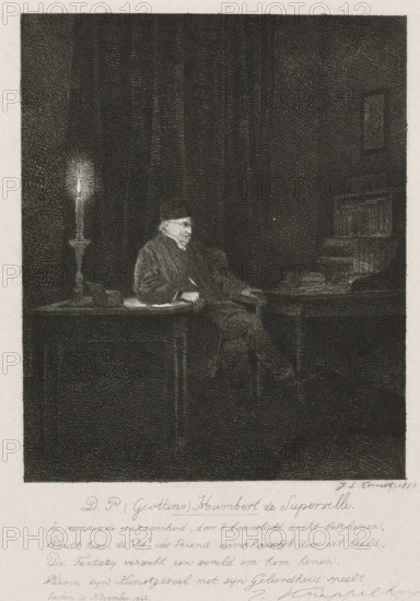 Portrait of Humbert de Superville, print, Portrait of David Pierre Giottino Humbert de Superville, an artist and art collector. Humbert de Superville is sitting at his desk. The room is lit only by a candle. The print has a Dutch caption in four verses., caption: '9th proof', printmaker: Jacobus Ludovicus Cornet, Leiden, writer (clerical worker): Johannes Kneppelhout, 1851, writer (clerical worker), paper, etching, proof, width 175 mm x height 248 mm, Person, David Pièrre Giottino Humbert de Superville, A dark etching of an interior scene showing an older man seated at a table in profile, wearing a dark hat and heavy coat, his hands resting on the table and his face lit by a single tall candle in a candlestick to his left; the candle flame casts a glow on nearby papers and a small box on the table while the surrounding room is filled with dense crosshatched shading and a dimly outlined piece of furniture or shelving in the background.