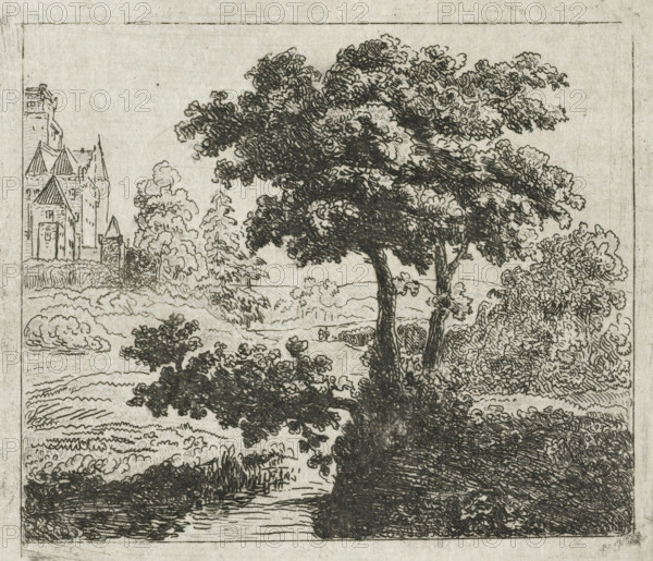 Landscape with church on a hill, print, printmaker: Johannes Adrianus van der Drift, Netherlands, 1823 - 1883, paper, chine collé, etching, etching on chine collé, height 100 mm x width 118 mm, landscape with other man-made constructions not mentioned above, e.g.: graveyards, playgrounds, An ink drawing shows a large tree with a dense, textured canopy occupying the right center, its trunk and branches rendered with dark, crosshatched lines; a smaller leafy tree and various shrubs and bushes surround it, their foliage depicted with lighter, swirling strokes; a winding body of water runs near the foreground with rippled line work along its banks; to the left, a building with steep roofs and a tall tower is partially visible behind landscaped terrain and clustered trees; the scene is framed by a thin rectangular border and rendered in monochrome on a textured paper background.