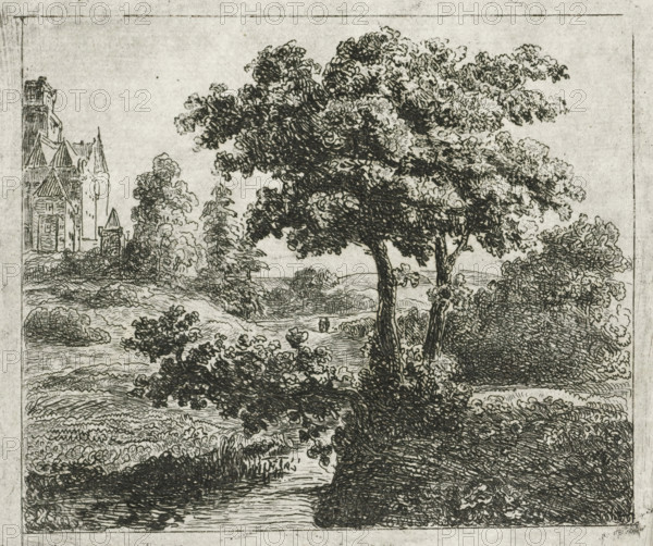Landscape with church on a hill, print, printmaker: Johannes Adrianus van der Drift, Netherlands, 1823 - 1883, paper, chine collé, etching, etching on chine collé, height 100 mm x width 118 mm, landscape with other man-made constructions not mentioned above, e.g.: graveyards, playgrounds, An etching showing a landscape with two tall trees in the foreground, detailed leafy canopies and textured trunks, surrounded by dense shrubbery and foliage; a winding stream or path runs beneath and between the vegetation, with layered, closely hatched ground patterns; in the background to the left there is a cluster of architectural forms with pointed roofs and a taller tower partially obscured by trees; the sky area is mostly empty with a faint border line framing the scene.